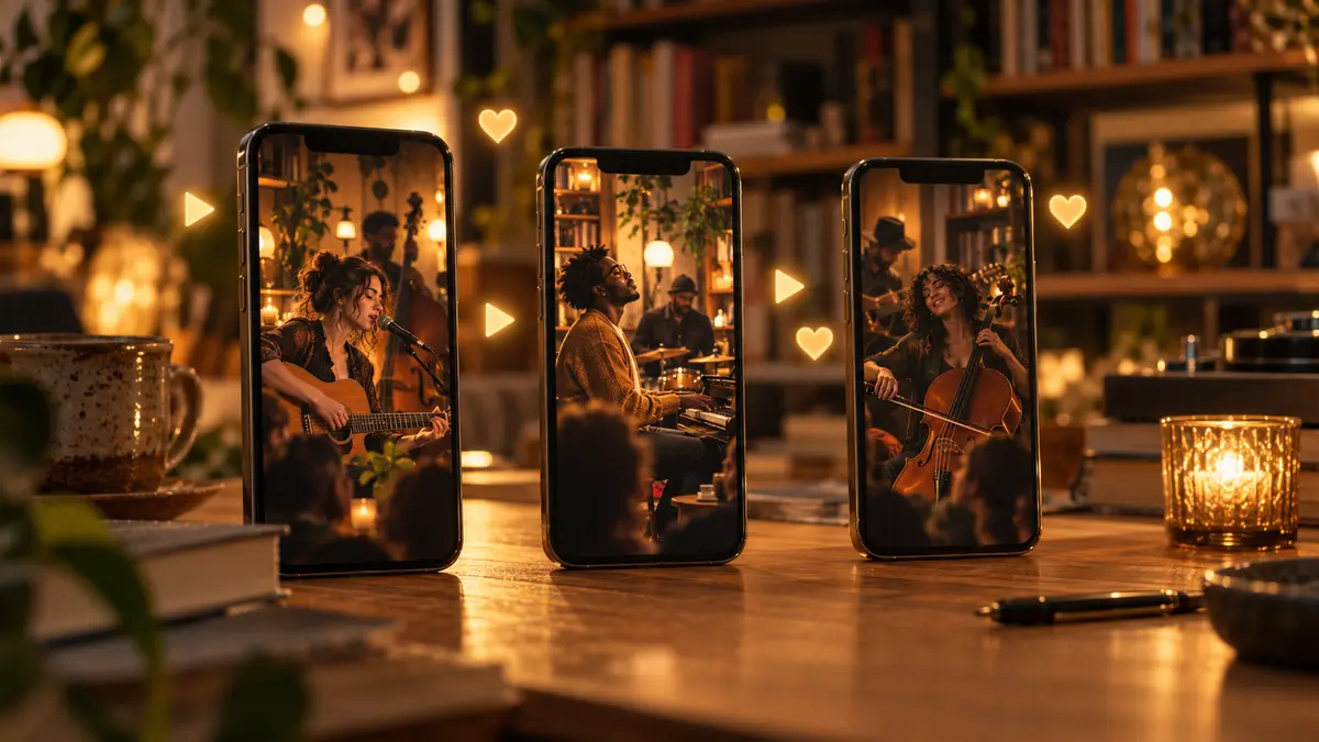 A phone showing a vertical desk concert video ready to post