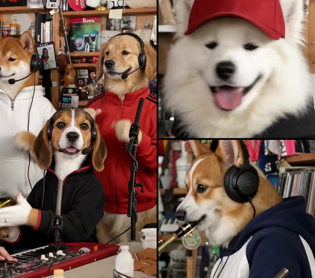 The dog band: backing singers and keys on the left, the lead and the sax player on the right
