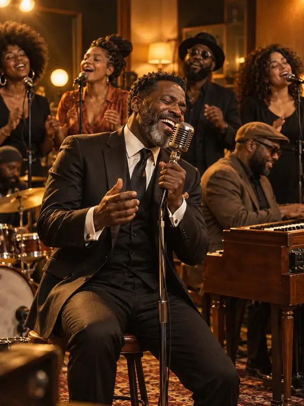 A soul singer leading a desk band